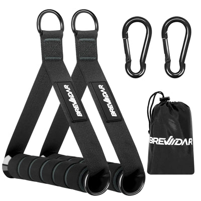 exercise handles for cable machines with carabiners and carrying bag.