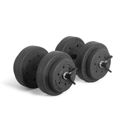 Adjustable cement dumbbell set featuring vinyl-coated plates and durable handles for customizable workouts.