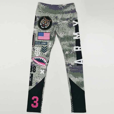 Women’s army gym leggings with army camo print and patches for fitness workouts.