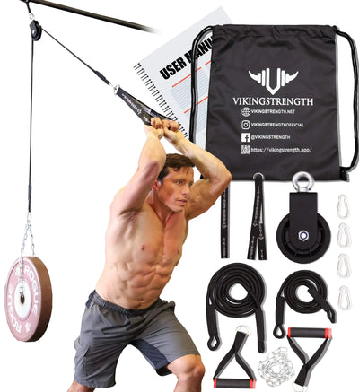Home gym pulley system with accessories and user demonstrating strength training workout.