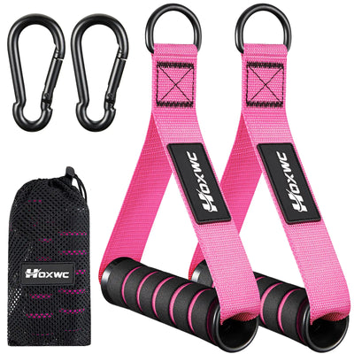 Heavy duty gym exercise handles in pink with carabiners and carrying bag for strength training and fitness workouts.