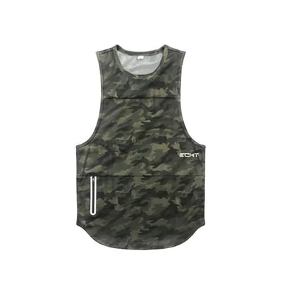 Men's Bodybuilding Sleeveless Workout Tank Top in camo design, ideal for intense training, providing comfort and style.
